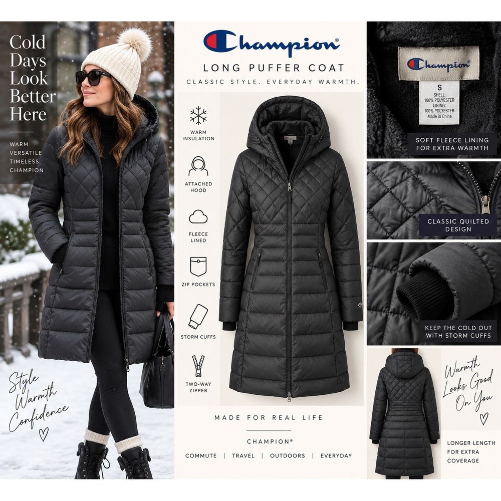 Champion Womens Small Long Puffer Coat Black Hooded Fleece Lined Winter Jacket